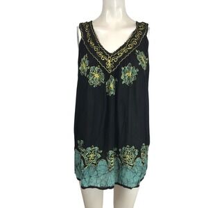 SAKKAS - WOMEN'S FREE SIZE - BLACK/MINT - V NECK 100% COTTON EMBROIDERED TOP